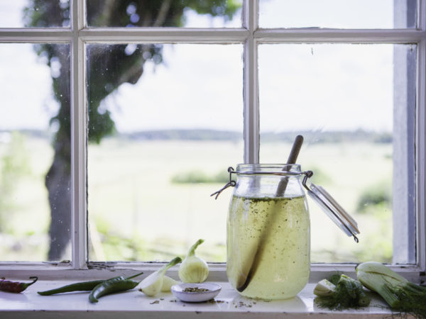 En glasburk med ljusgul buljong står i en fönster som vätter ut mot öppna fält.