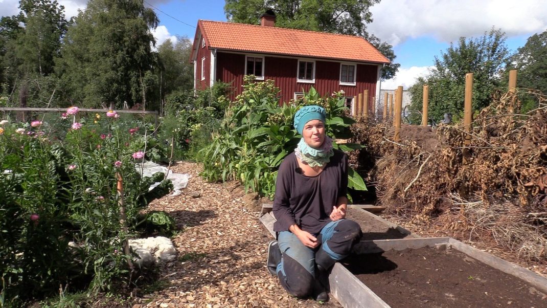 Sara Bäckmo sitter på en kant till en odlingsbädd i en somrig trädgård. Summer sowings, Sara in the kitchen garden, next to a growing bed.
