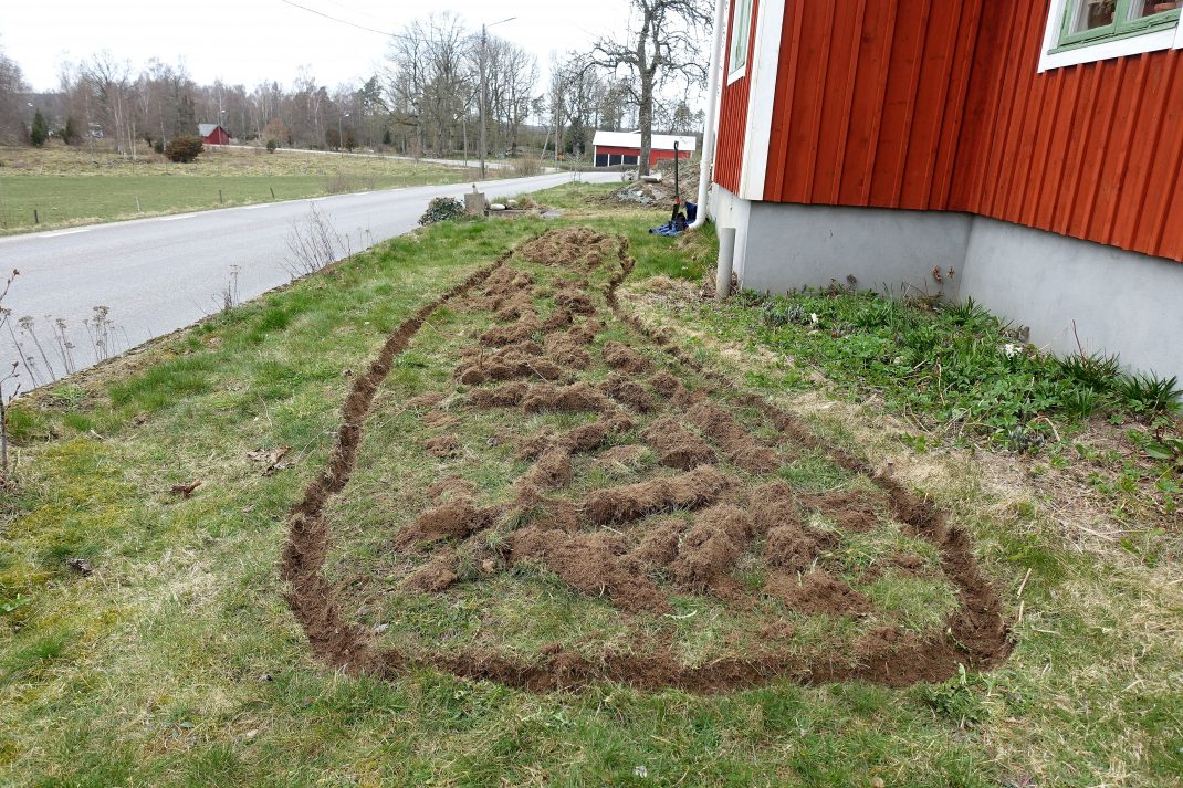 En gräsmatta där en form med rundade kanter grävts ut. 